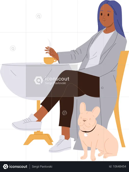 Trendy fashion woman with cute pug dog visiting pet-friendly cafeteria  Illustration