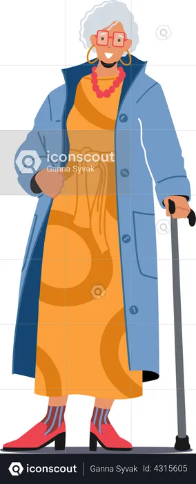 Trendy Old Lady with Walking Cane  Illustration