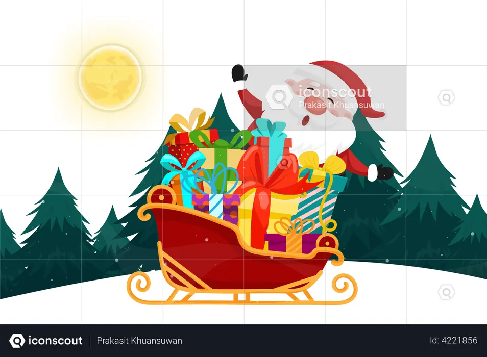 Trenó de Papai Noel com presentes de Natal  Ilustração