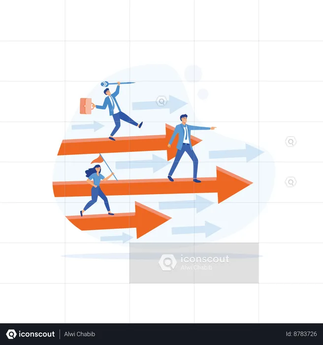 Tres empresarios corriendo sobre flechas,  Ilustración