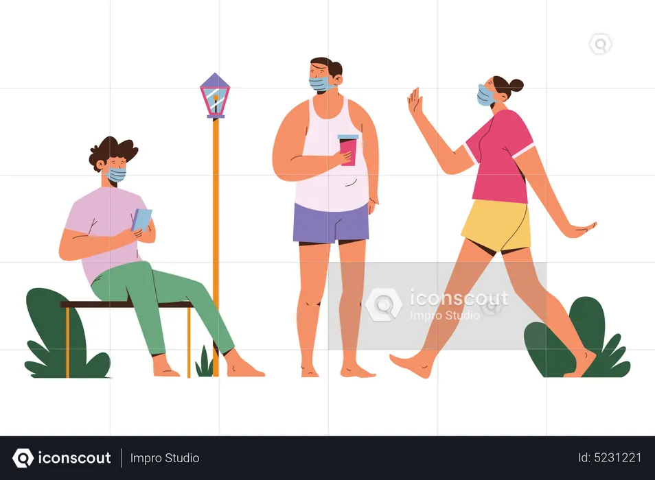 Tres personas se reúnen con máscaras  Ilustración
