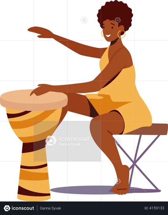 Tribal woman playing wooden drum  Illustration