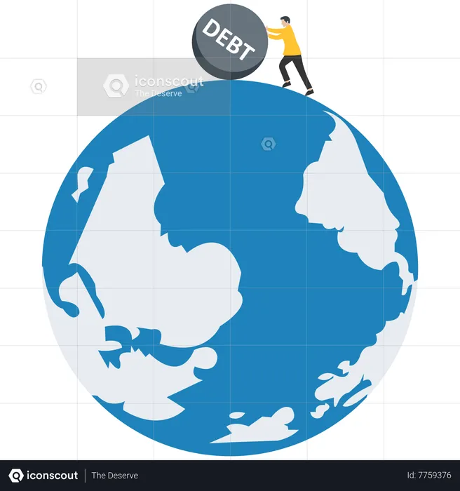 Tried businessman push big debt money on globe  Illustration