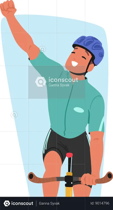 Triumphant Cyclist Character Exuberantly Raised A Victorious Fist, Beaming With A Radiant Smile, Embodying The Sheer Joy  Illustration