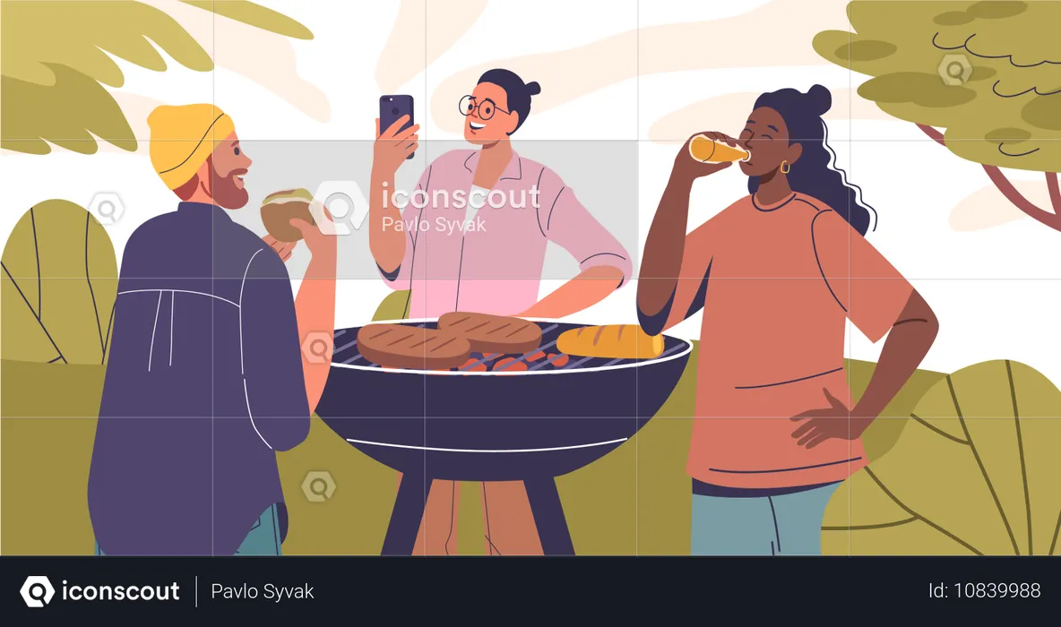 Trois amis profitant d'un barbecue dans le jardin  Illustration