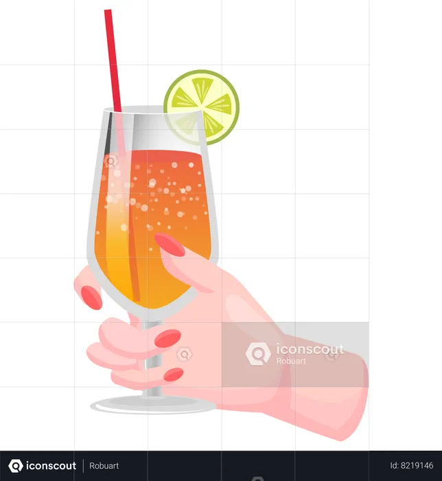 Tropical alcoholic cocktail with ice and lemon  Illustration