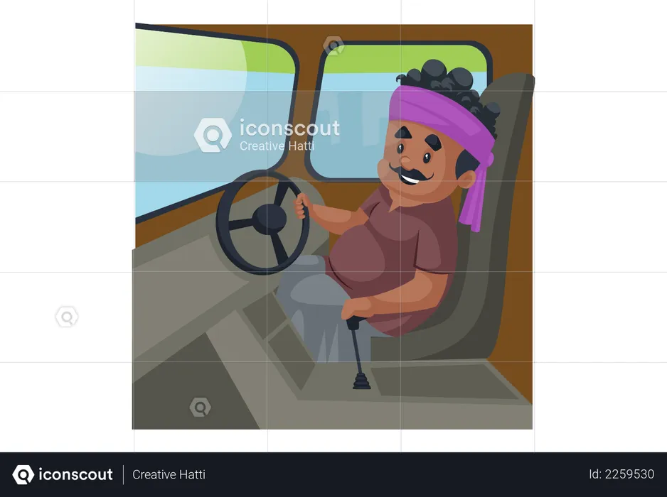 Truck driver is sitting in the truck and holding steering wheel  Illustration