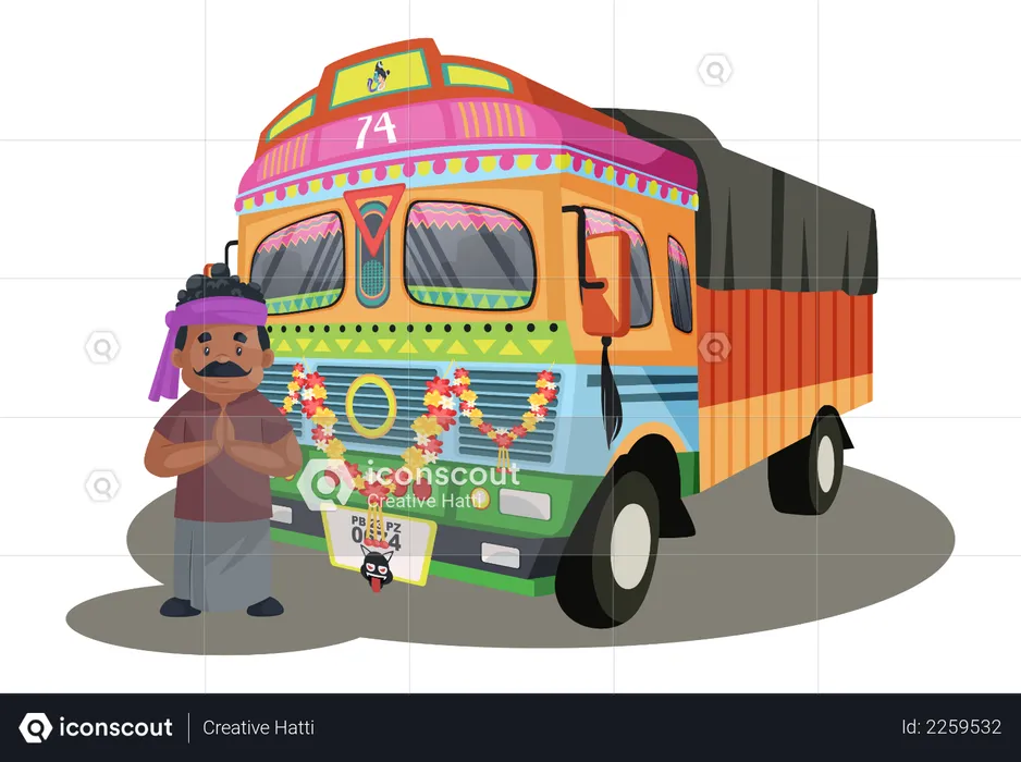 Truck driver is standing with the truck and greet  Illustration