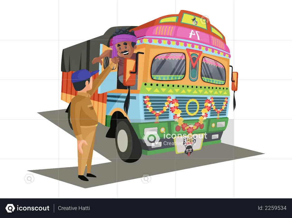 Truck driver is stopped by the policeman and the policeman is getting down the man from the truck  Illustration