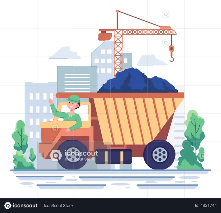 Truck driver rising hand while sitting in construction truck  Illustration