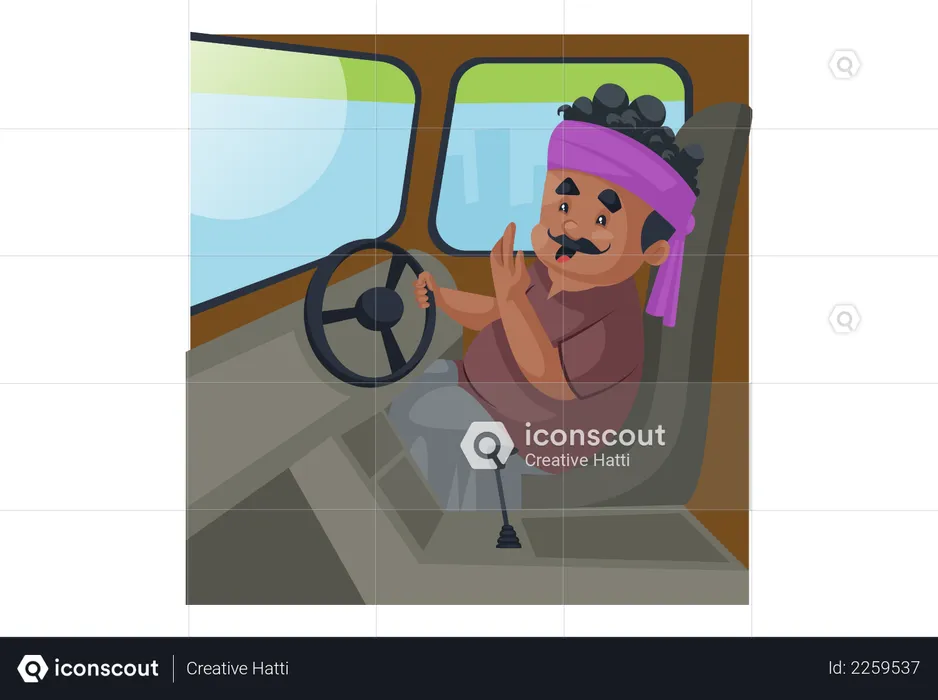 Truck driver sitting in the truck and holding steering with one hand  Illustration