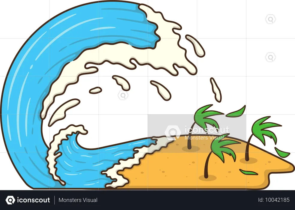 海岸に押し寄せる津波  イラスト