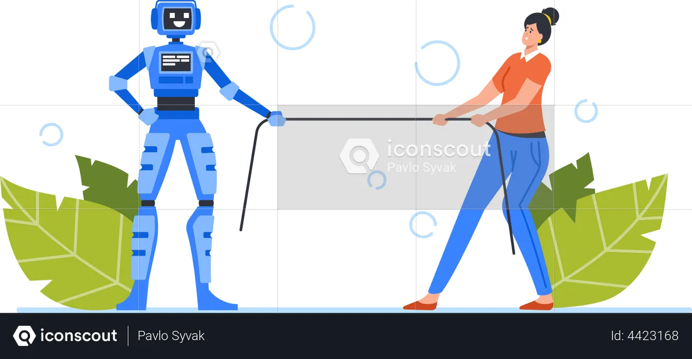 Tug of war fight between human and robots  Illustration