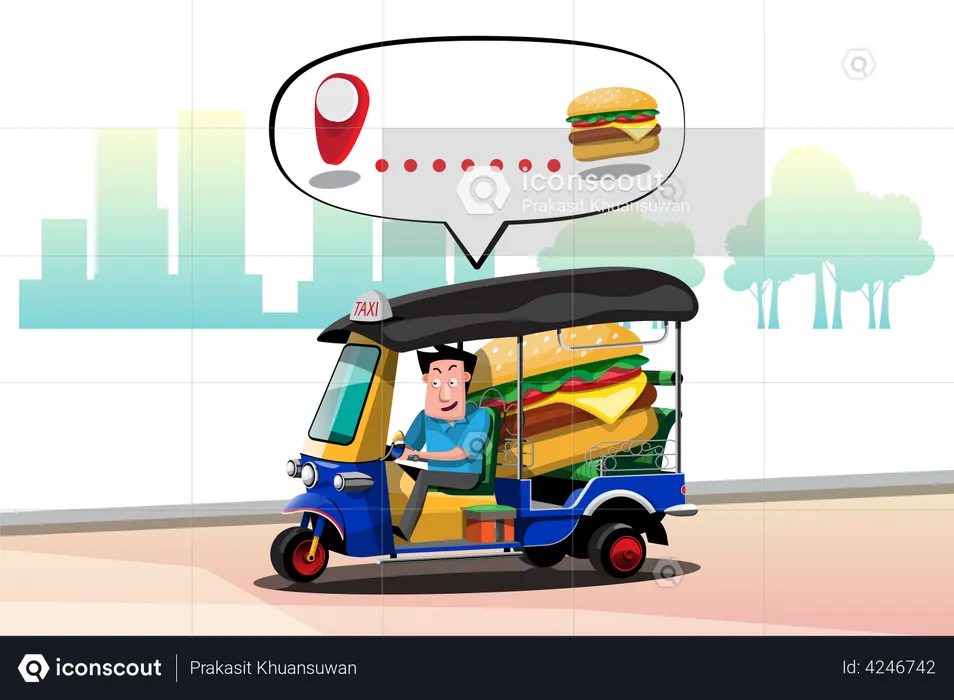 Tuk Tuk Driver Delivered Burger  Illustration