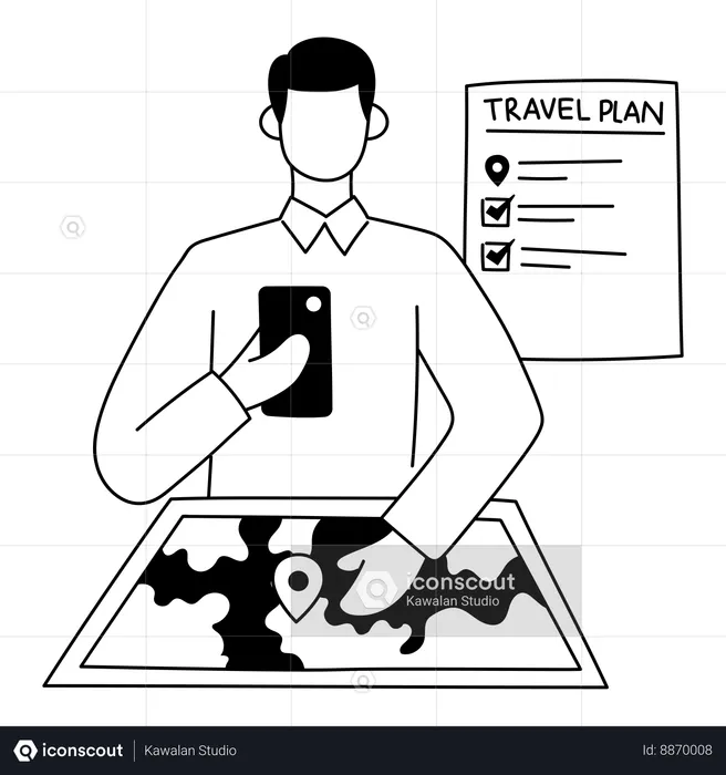 El turista está preparando el plan de viaje.  Ilustración