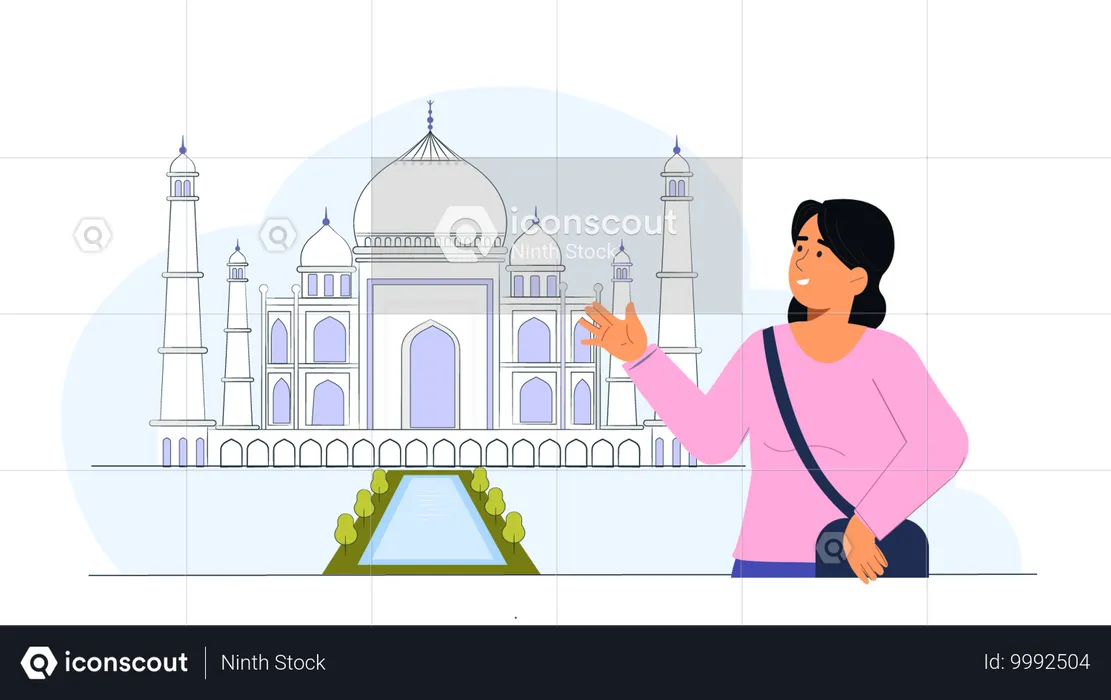 Turista feminina mostrando o Taj Mahal  Ilustração