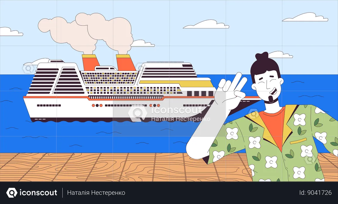 Turista posando em frente ao navio de cruzeiro  Ilustração