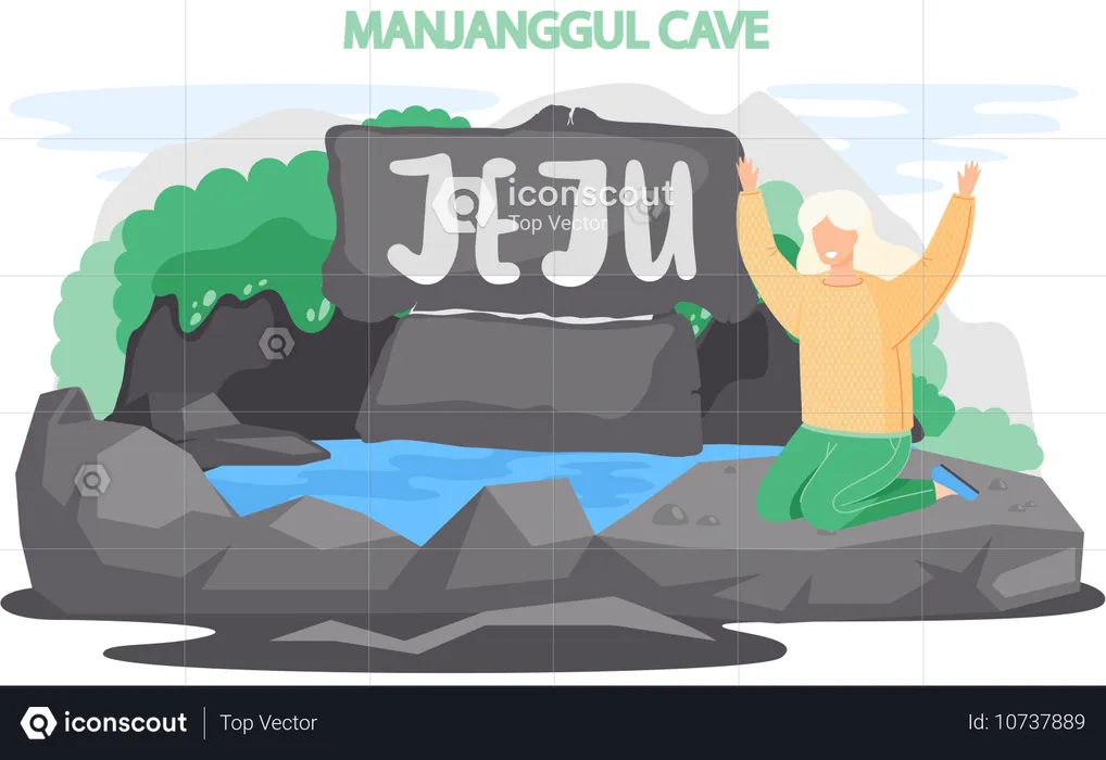 Turista viajando a la cueva Manjanggul  Ilustración