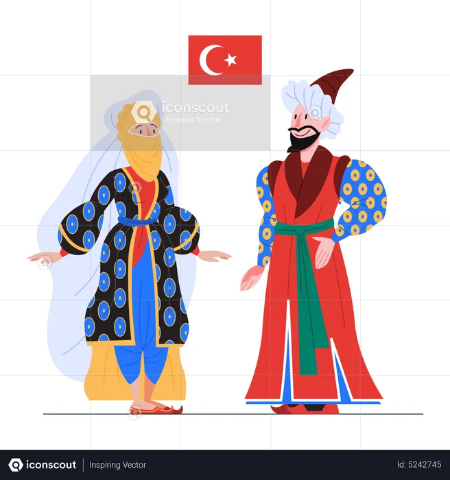 Turkey citizen in national costume with a flag  Illustration