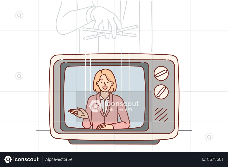 TV Fake news due to puppeteer manipulating woman  Illustration
