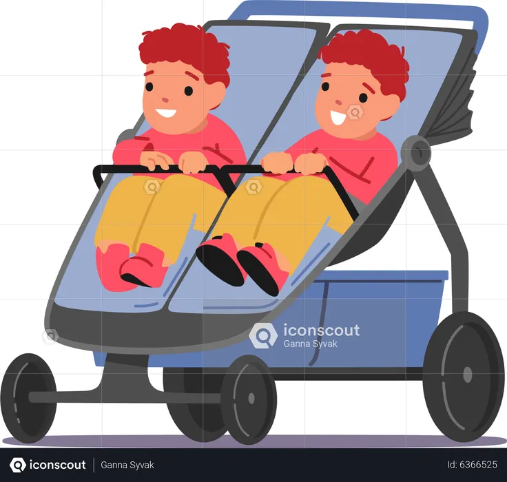 Twin children sitting in stroller  Illustration