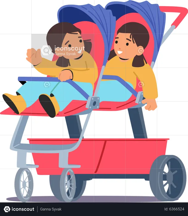 Twin daughter sitting in stroller  Illustration