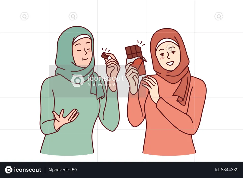 Two arab women eating chocolate  Illustration