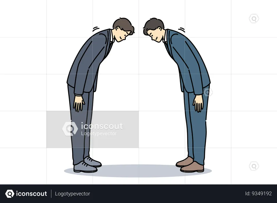 Two asian business men bow in greeting and say conishua during tailoring meeting to sign contract  Illustration