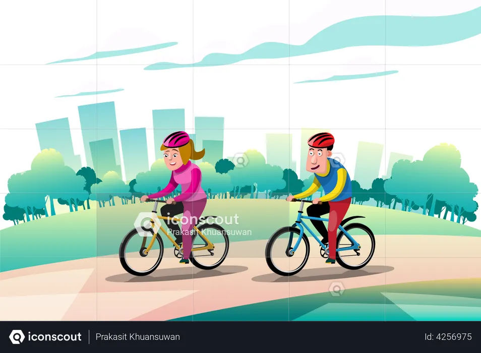 Two Athlete happy couple riding on bicycles in park  Illustration