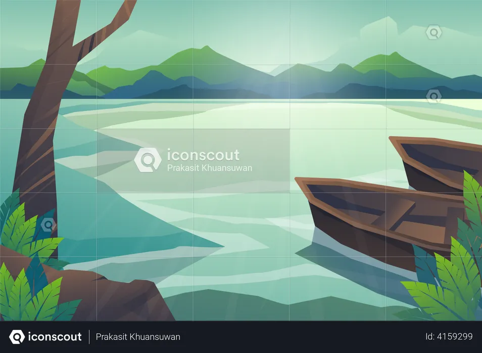 Two boat floating in river  Illustration