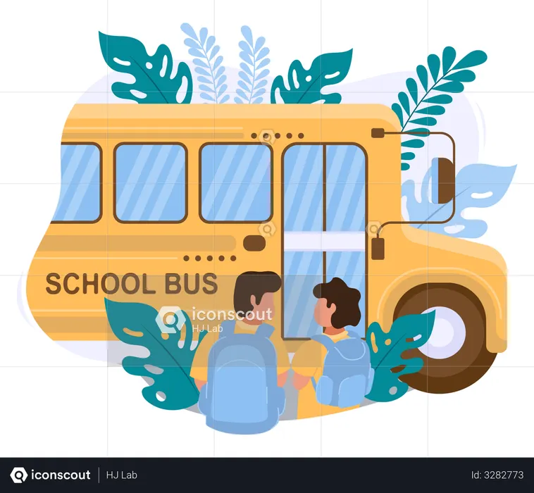 Two boys go to school by school bus  Illustration