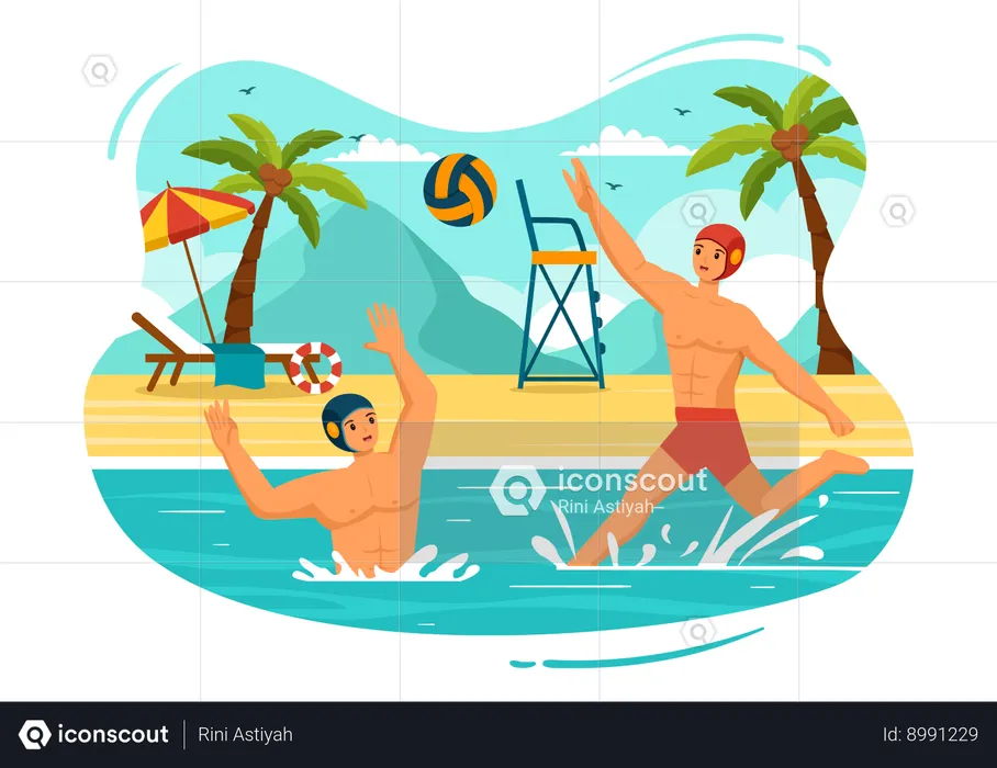 Two boys playing volley ball at beach  Illustration