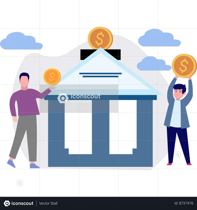 Two boys standing in front of bank building  Illustration