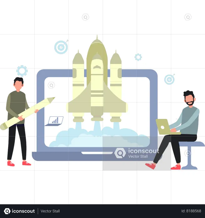 Two Boys Working On Business Startup Rocket  Illustration