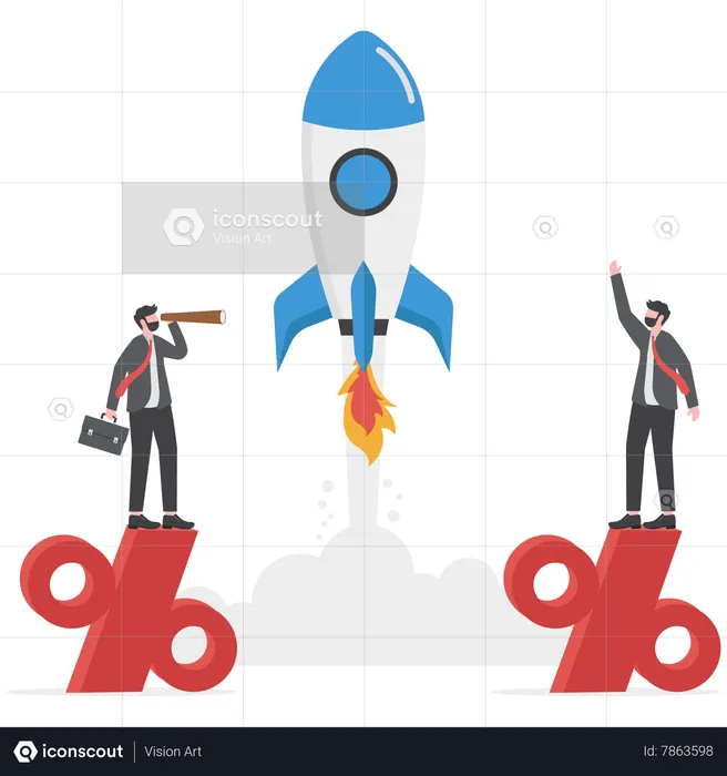 Two business people standing on a percentage sign  Illustration