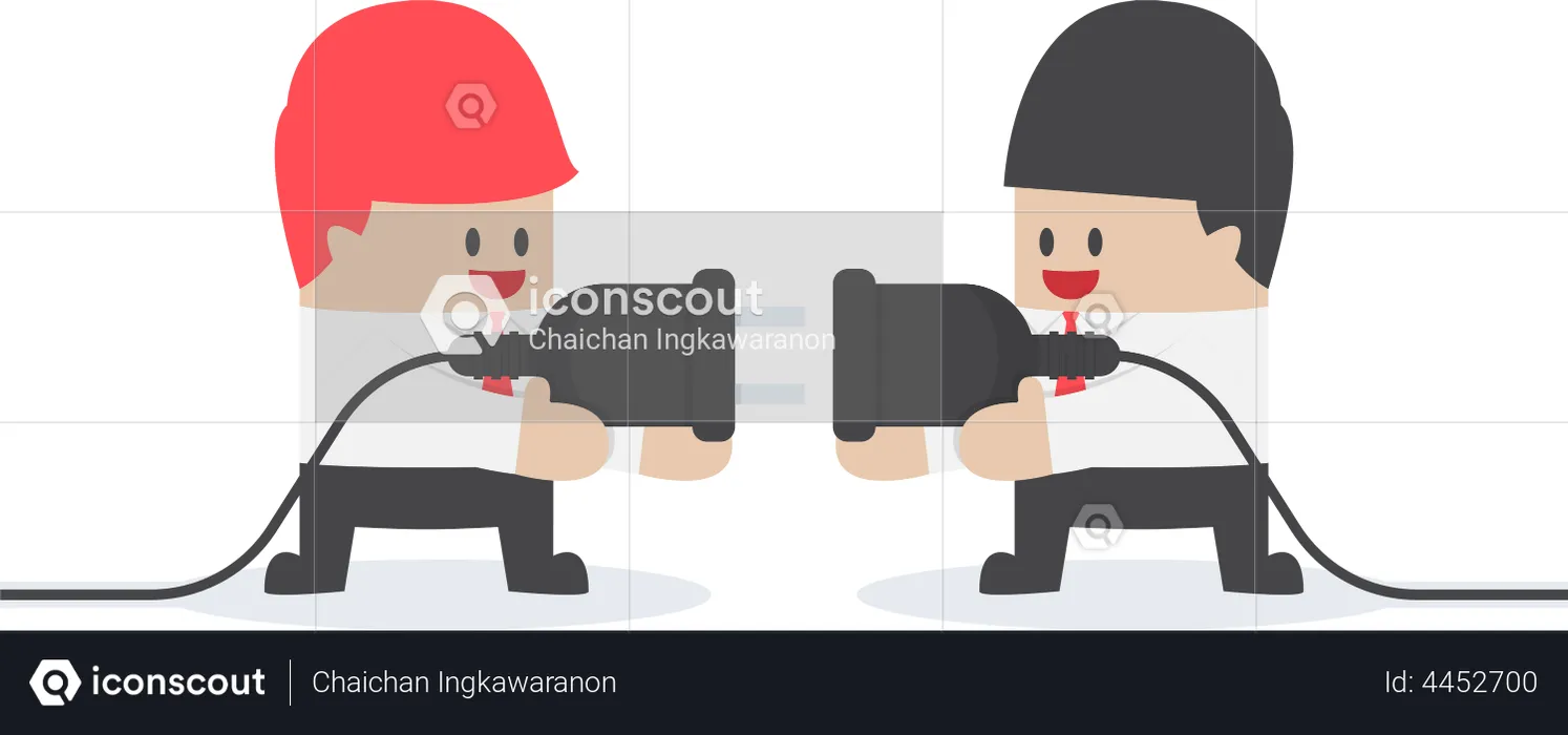 Two businessman trying to connect electric plug together  Illustration