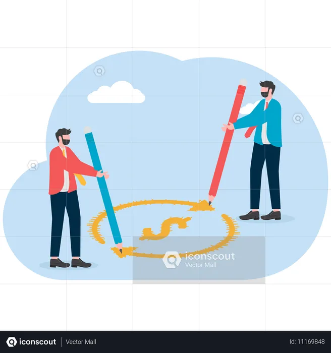 Two businessmen drawing circular arrows next to dollar  Illustration