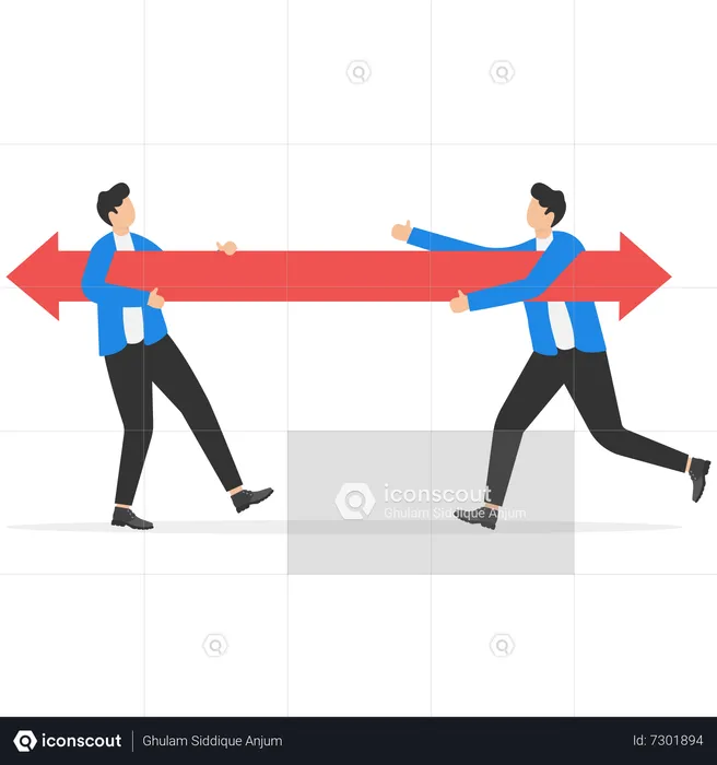 Two businessmen holding an arrow running in opposite positions  Illustration