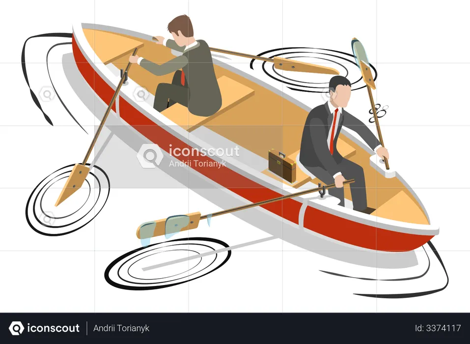Two businessmen in are sitting the same boat try to move it in the different directions  Illustration