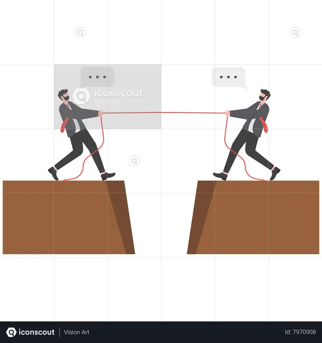 Two businessmen in suit pull the rope at edge of cliff  Illustration