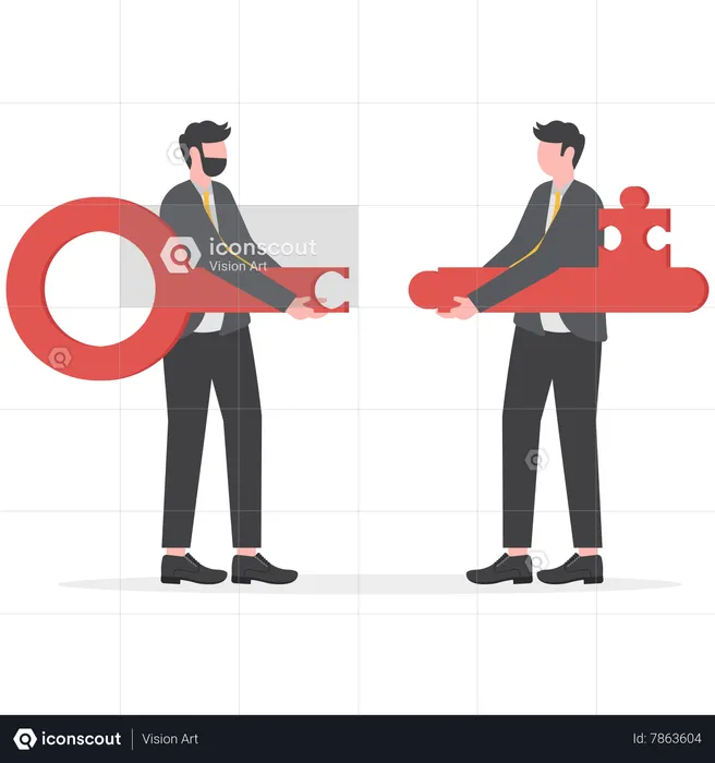 Two businessmen jigsaw the keys together  Illustration