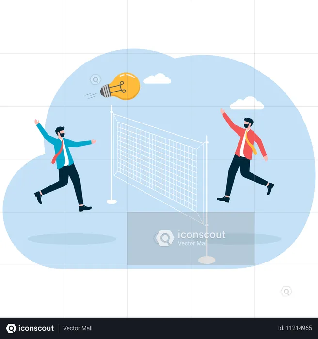 Two businessmen push each other idea at each other in a volleyball game  Illustration