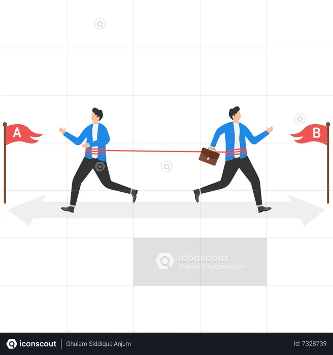 Two businessmen run on arrow opposite directions  Illustration