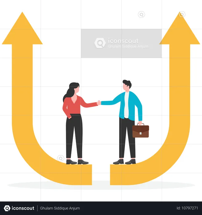 Two businessmen shaking hands while standing on rising arrow  Illustration