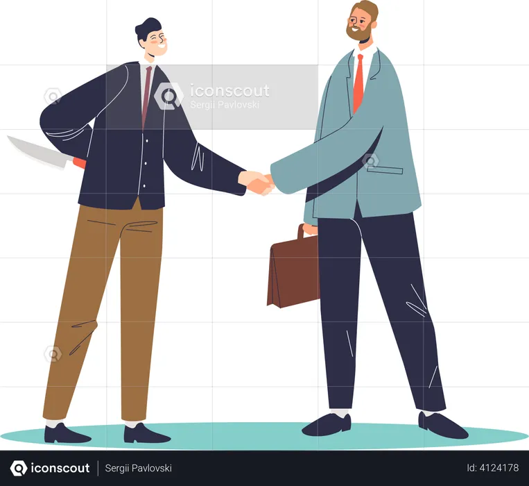 Two businessmen shaking hands with one businessman holding knife  Illustration