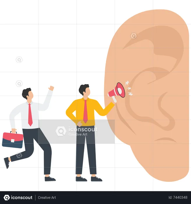 Two businessmen shouting at the huge ears with a megaphone  Illustration