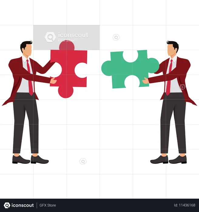 퍼즐의 일부를 연결하기 위해 두 사업가  일러스트레이션