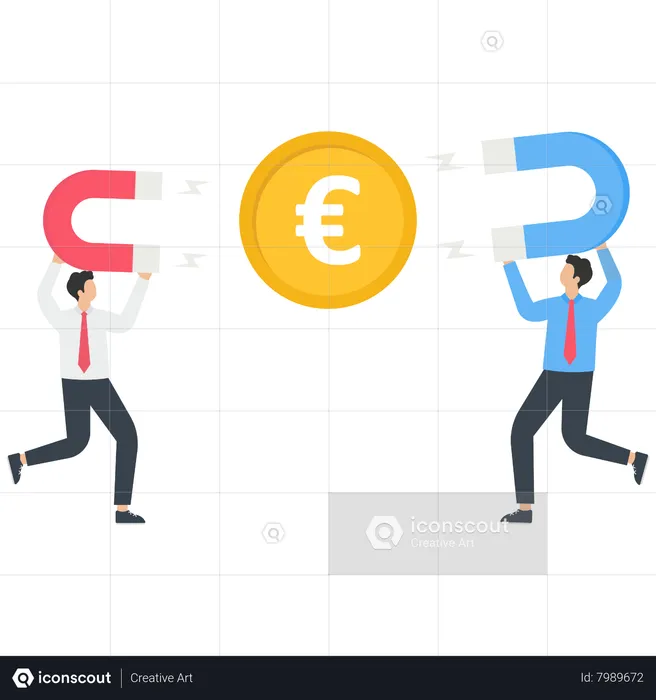 Two businessmen use a magnet for cryptocurrency coin  Illustration