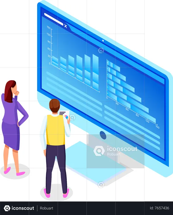 Two businesspeople looking at screen of computer and analyzing report  Illustration