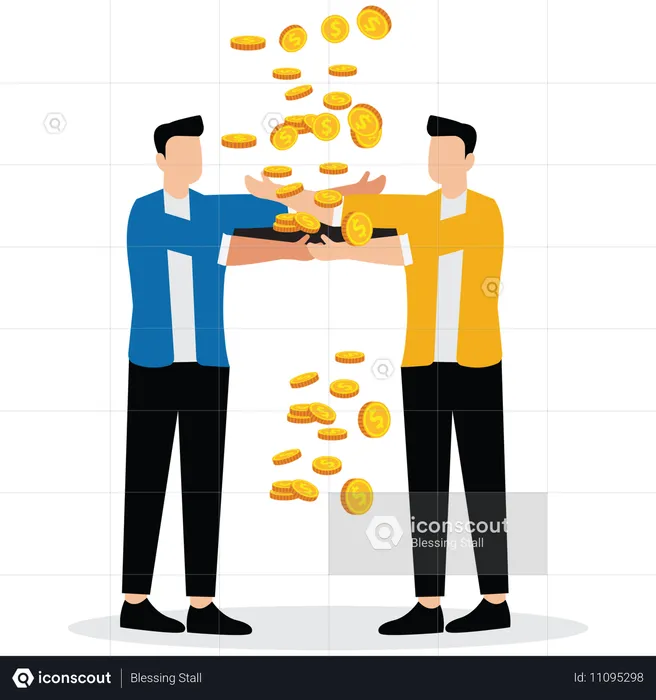 두 사업가가 떨어지는 지폐를 받기 위해 서로를 껴안고 있는 모습  일러스트레이션